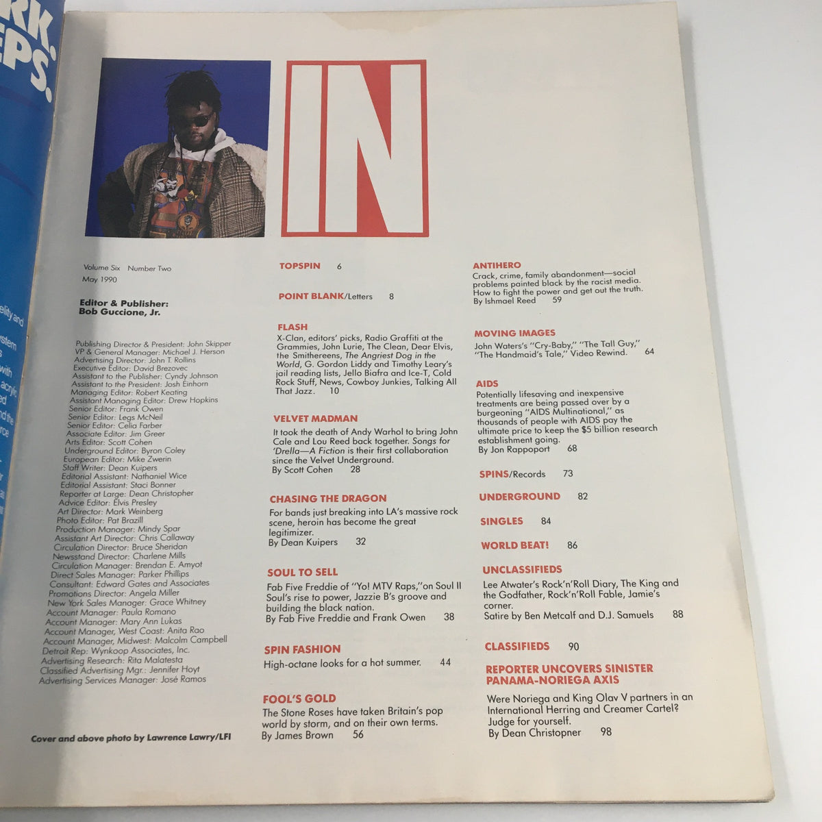 Inside page of Spin Magazine May 1990, Vol 6 #2, highlighting the content and notable articles including Soul II Soul and Jazzie B's Groove.