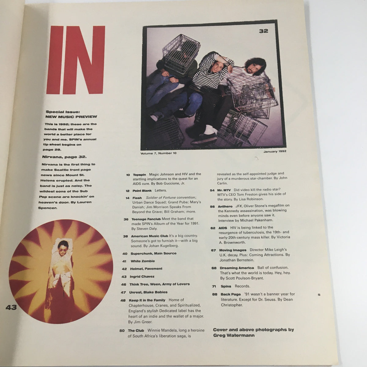 Inside page of Spin Magazine January 1992 Vol 7 #10. The page includes features on Nirvana and listings for significant articles of the issue, emphasizing its role as a revolutionary music magazine of the early '90s.
