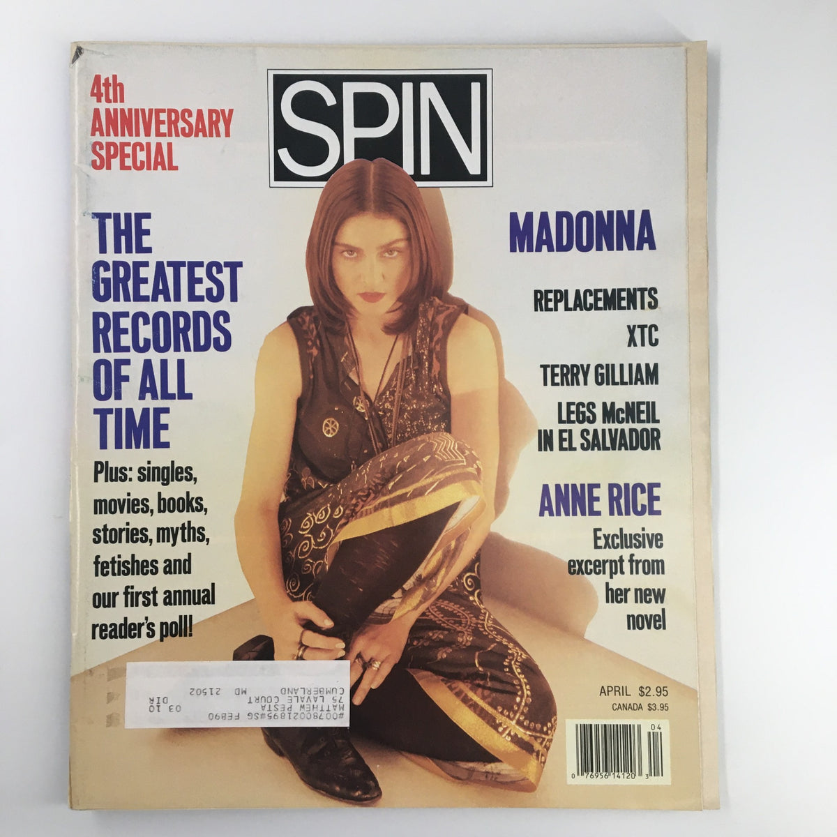 VTG Spin Magazine April 1989 Vol 5 #1 featuring Madonna on the cover, highlighting the 4th Anniversary Special and including articles on Terry Gilliam, Legs McNeil, and notable music records of the time.