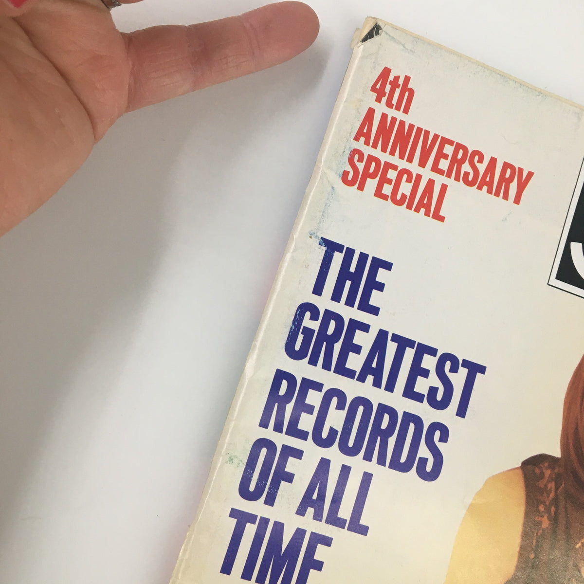 Close-up view of the title and cover details of VTG Spin Magazine April 1989 Vol 5 #1, showcasing 'The Greatest Records of All Time' with a focus on the 4th Anniversary Special.