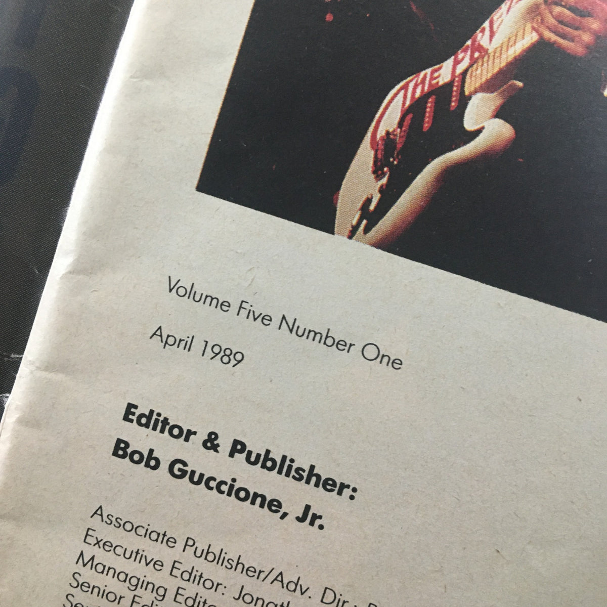 Close-up of the editorial credits page from VTG Spin Magazine April 1989 Vol 5 #1, displaying the name of editor and publisher Bob Guccione, Jr. and adding context to the magazine's heritage.