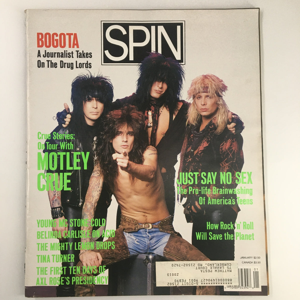 Cover of Spin Magazine January 1990, Vol 5 #10 featuring Mötley Crüe on tour with iconic images of the band members and headlines highlighting rock culture.
