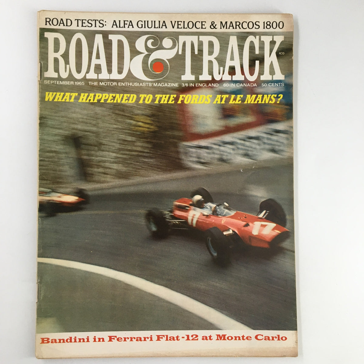 Cover of VTG Road & Track Magazine September 1965 featuring Bandini racing in Ferrari Flat-12 at Monte Carlo.