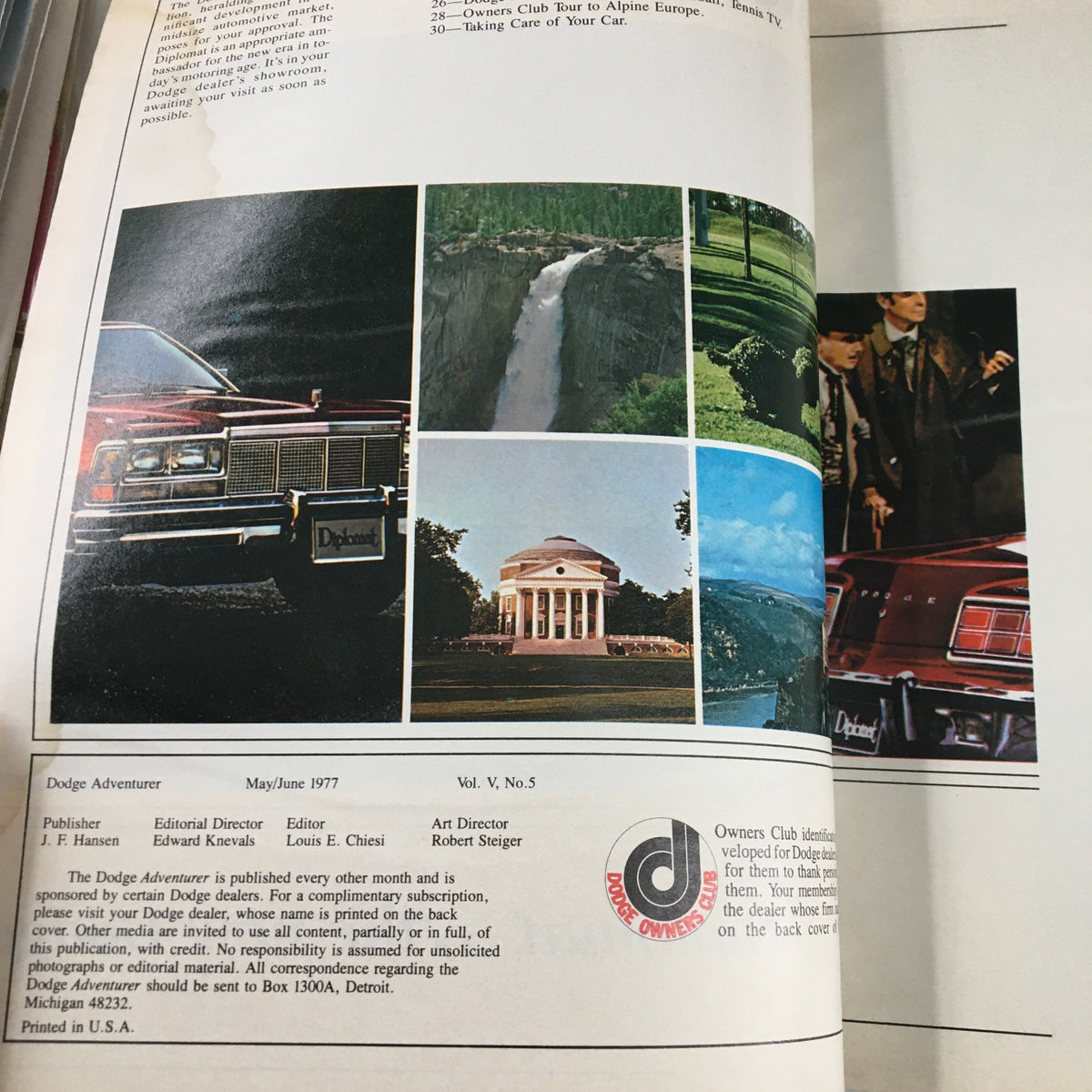 Inside view of the May 1977 issue of Dodge Adventurer Magazine showcasing the Dodge Diplomat and scenic images, highlighting features of the iconic automobile.