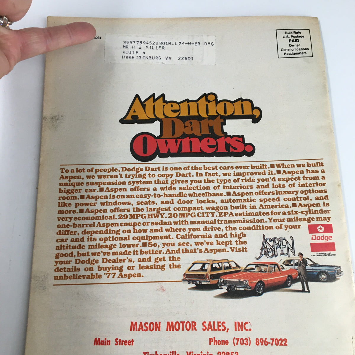 Back cover of the May 1977 Dodge Adventurer Magazine featuring a promotional message for the Dodge Dart, demonstrating vintage automotive marketing.