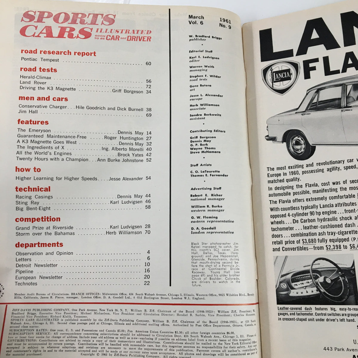 Interior page of Sports Car Illustrated Magazine March 1961 listing contents and features, highlighting articles and automotive topics covered in this vintage publication.