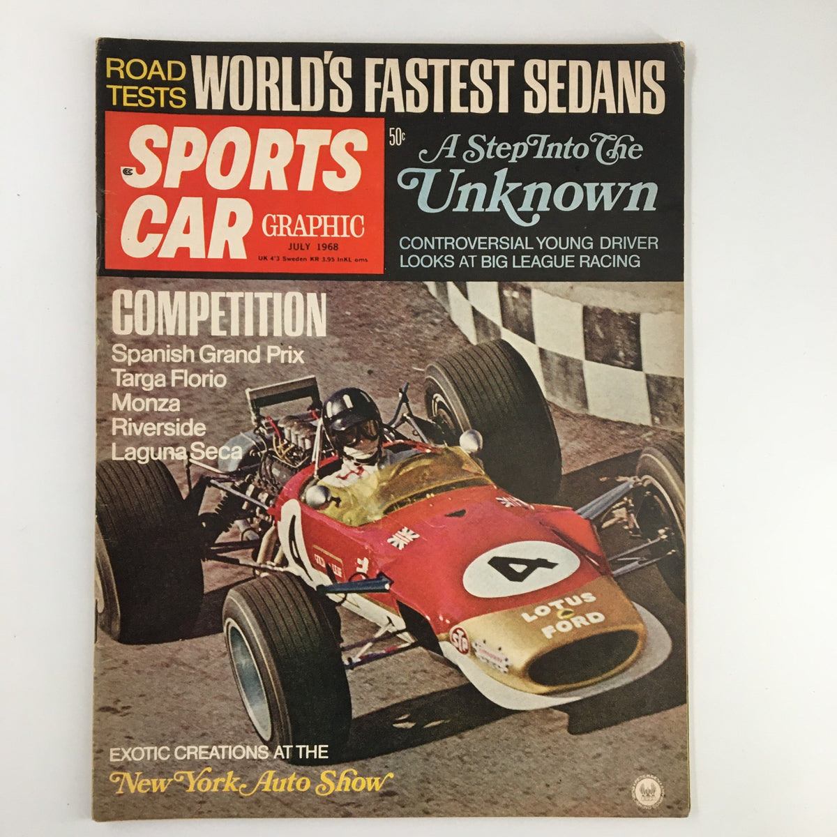 Cover of VTG Sports Car Graphic Magazine July 1968 featuring the Spanish Grand Prix at Monza, showcasing a vintage racing car and bold headlines.