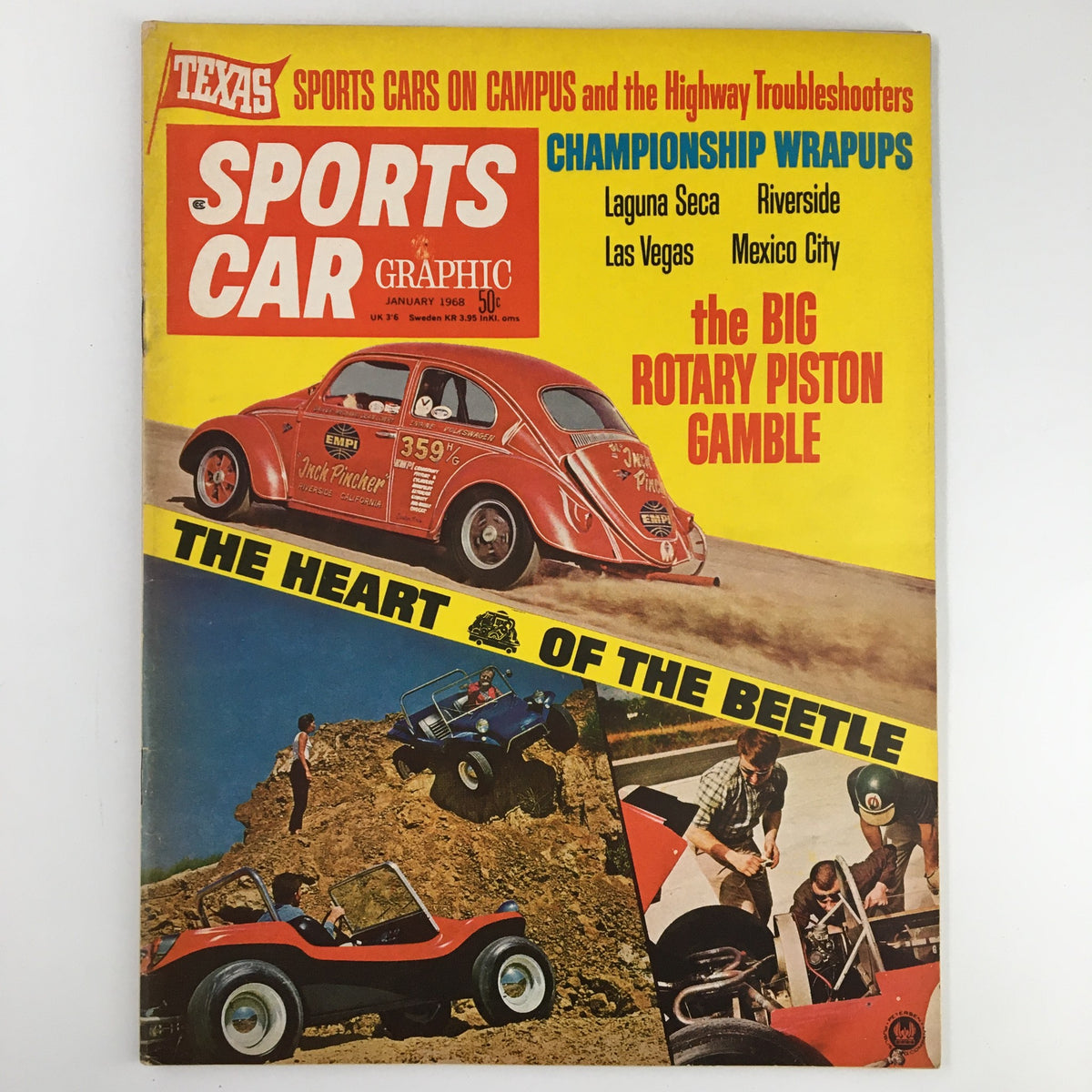 Vintage Sports Car Graphic Magazine from January 1968 showcasing the cover titled 'The Heart of The Beetle', featuring iconic Volkswagen Beetle racing imagery and vibrant colors.