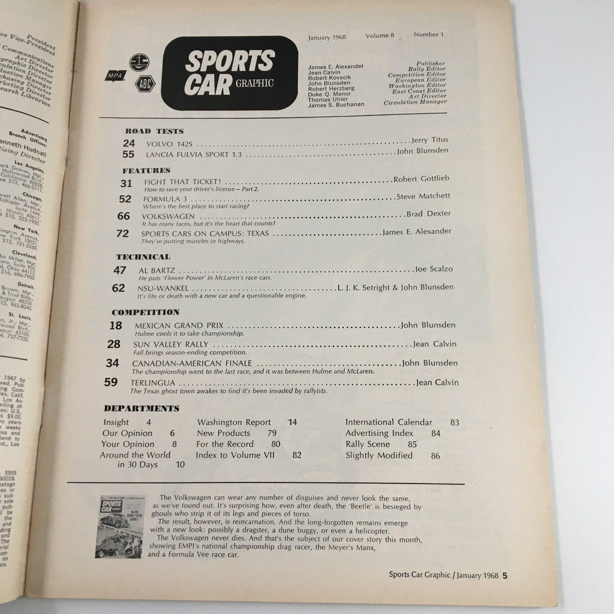 Interior page of Sports Car Graphic Magazine, January 1968, featuring the contents list, articles on road tests, features, technical reports, and competition highlights, including topics like the Volkswagen and motorsports events.