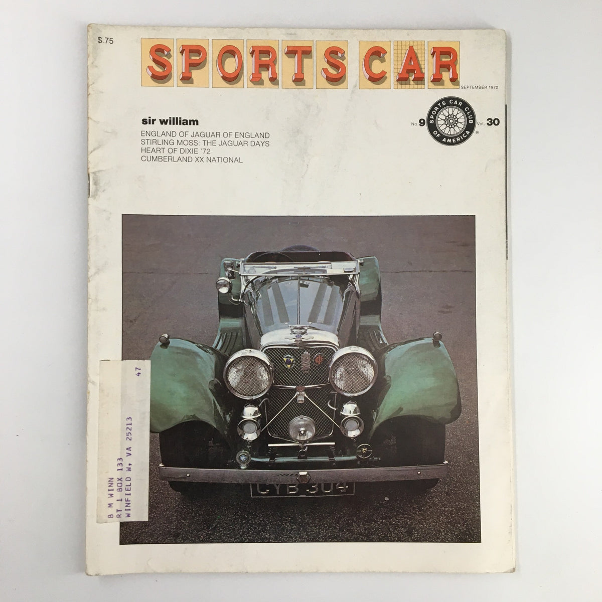 Cover of VTG Sports Car Magazine September 1972 featuring 'Sir William', with a classic green Jaguar sports car on display, showcasing the automotive excellence of the era.