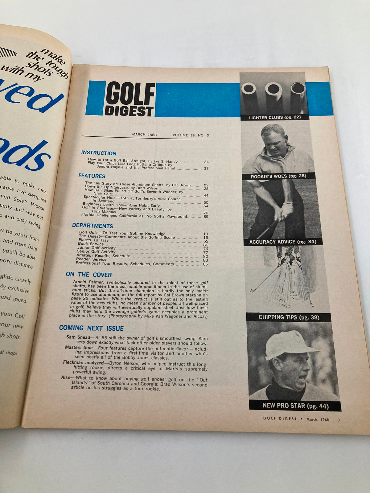 Inside page of VTG Golf Digest Magazine March 1968 displaying contents and features, highlighting articles including tips on golf techniques and insights from Arnold Palmer.