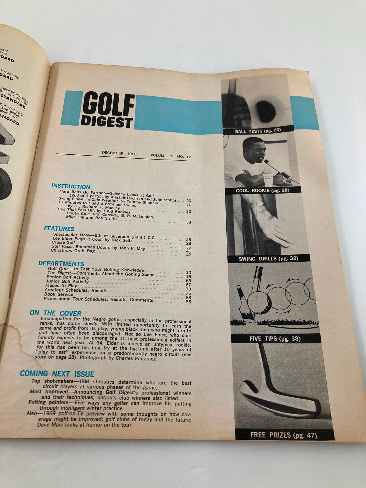 Interior page of the VTG Golf Digest Magazine December 1968 including the index section and features related to golf, emphasizing Lee Elder's impact on the sport.