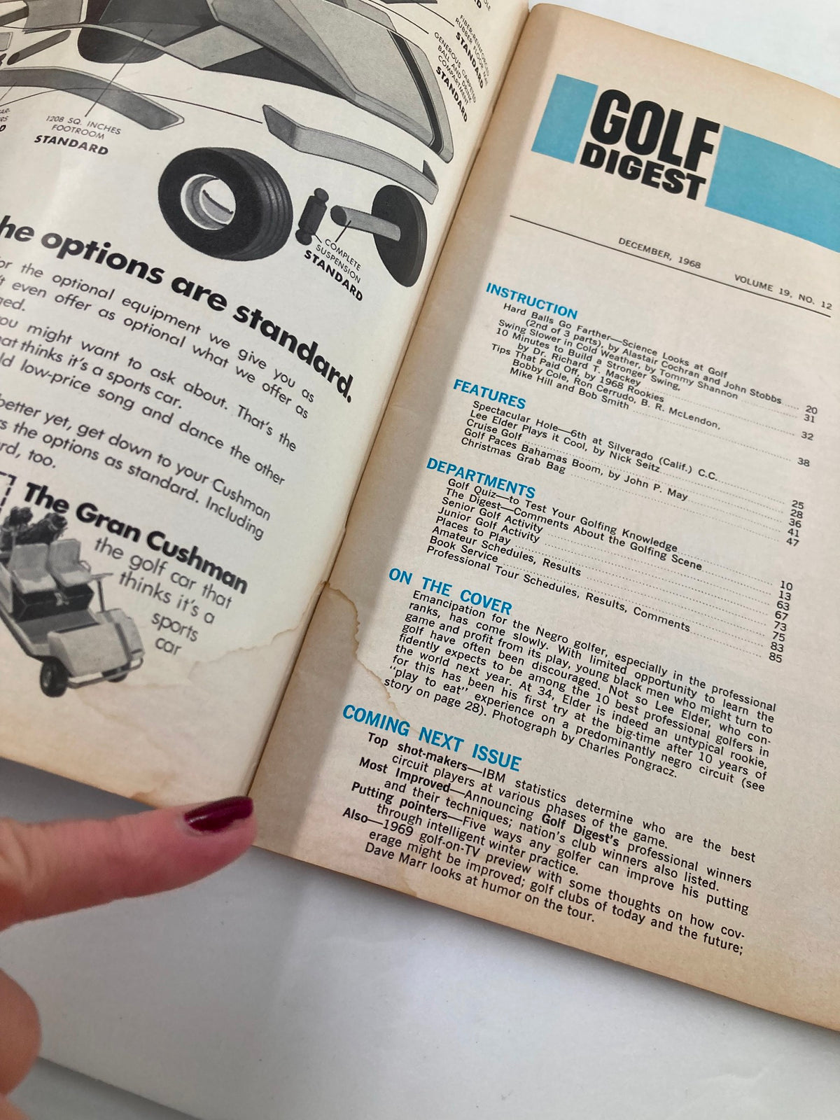 Another interior page of the VTG Golf Digest Magazine December 1968, displaying the contents and highlight on Lee Elder's journey in the sport of golf.