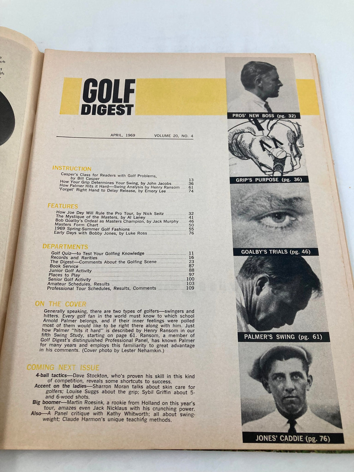 Interior page of the VTG Golf Digest Magazine April 1969 displaying the table of contents and features, including insights on Joe Dey and golf instruction.