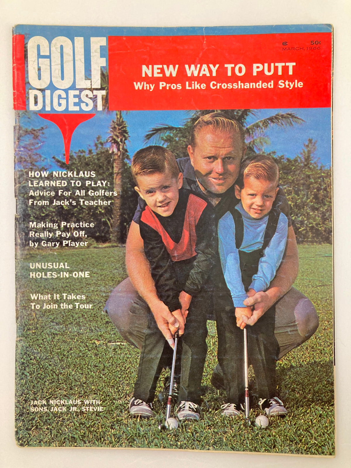 Vintage Golf Digest Magazine March 1966 featuring Jack Nicklaus with his sons Jack Jr. and Stevie on the cover, showcasing iconic 1960s golf imagery.