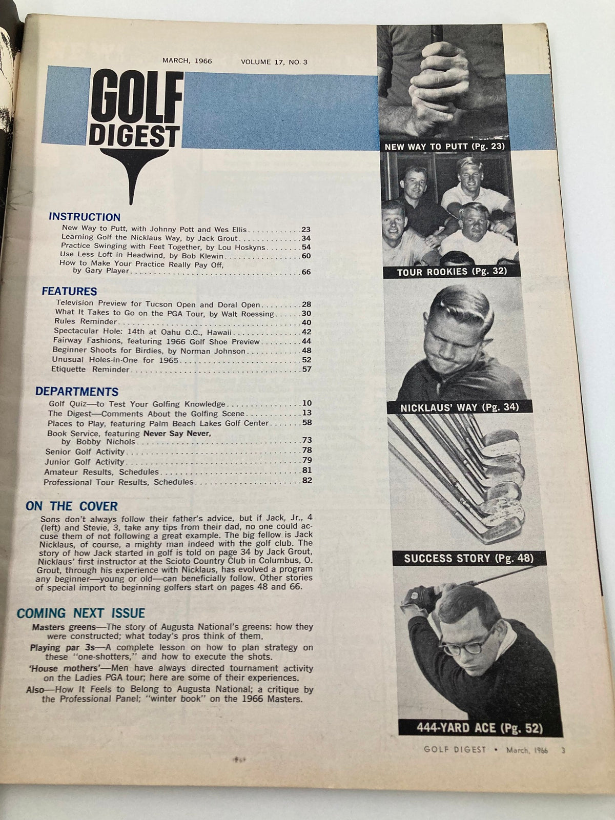 Inside page of Vintage Golf Digest Magazine March 1966 displaying the table of contents, outlining features and articles related to the world of golf.
