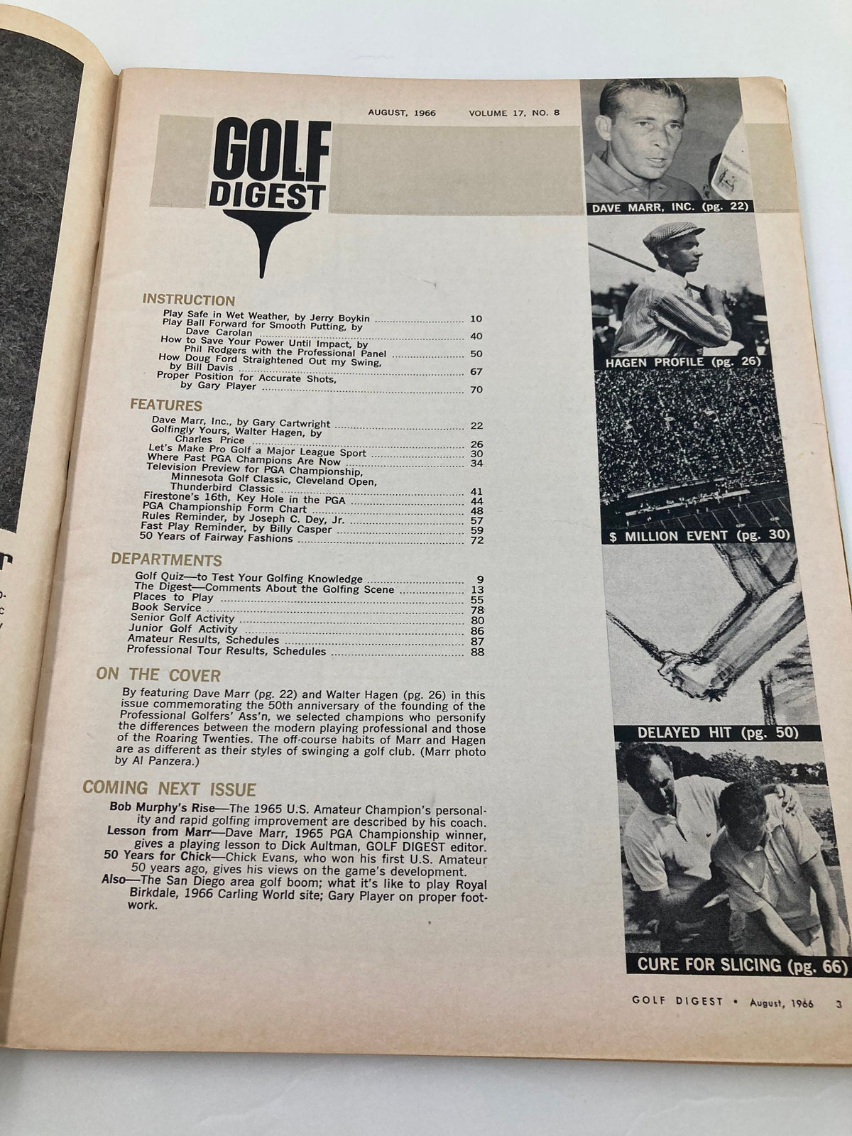 Inside page of VTG Golf Digest Magazine August 1966 Vol 17 #8, highlighting contents and features including Dave Marr and Walter Hagen.