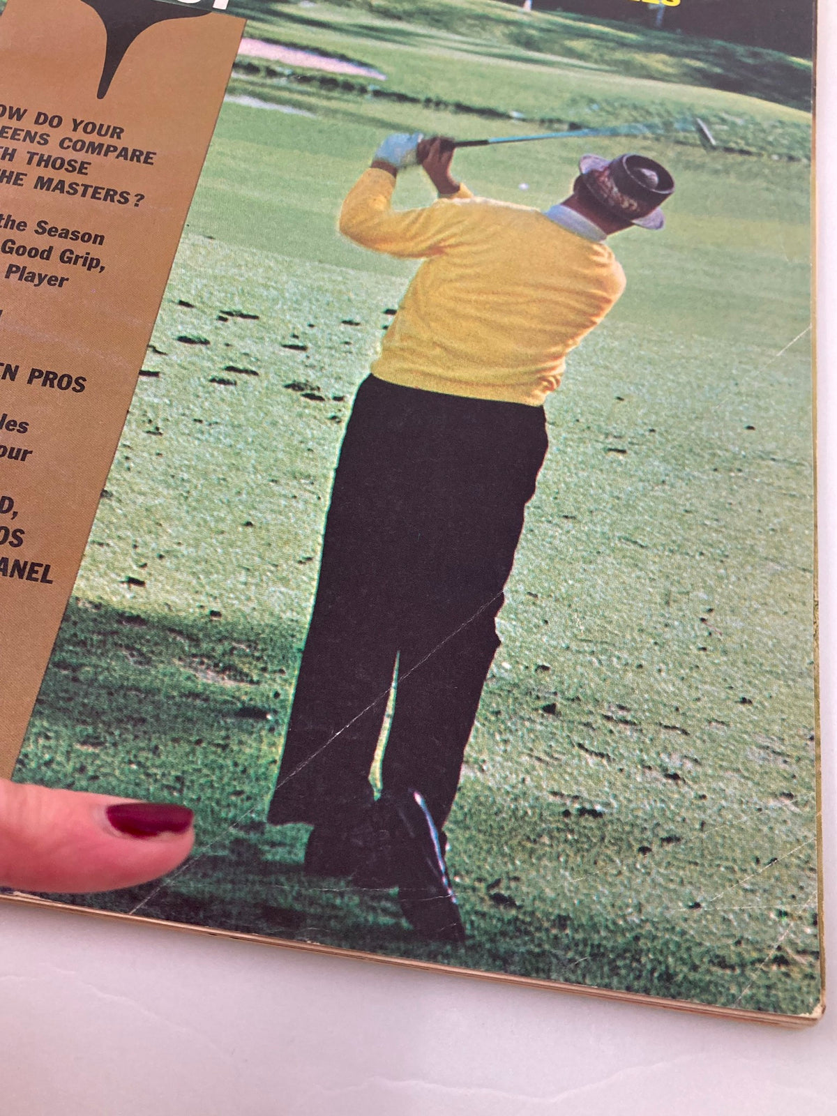 Close-up view of the VTG Golf Digest Magazine April 1966 cover, displaying Sam Snead swinging at Augusta with text details of featured articles.