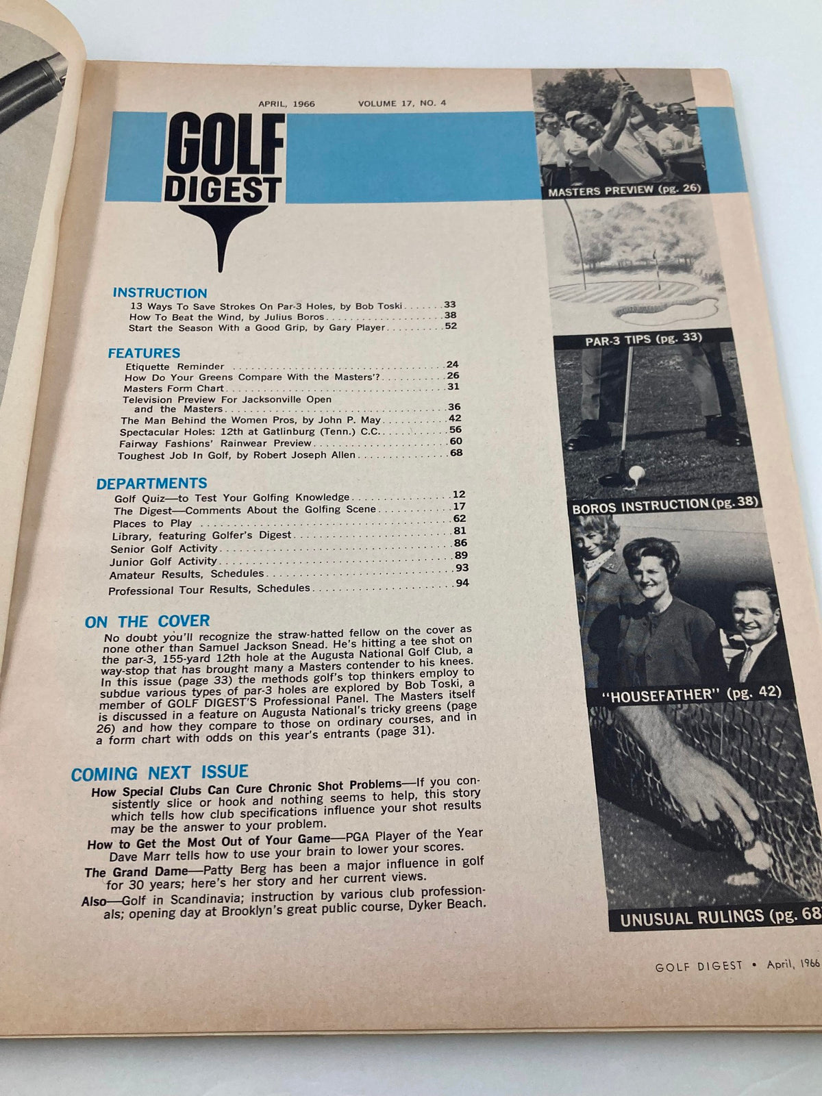 Inside page of VTG Golf Digest Magazine April 1966 listing contents and features, emphasizing golf-related articles and instruction.