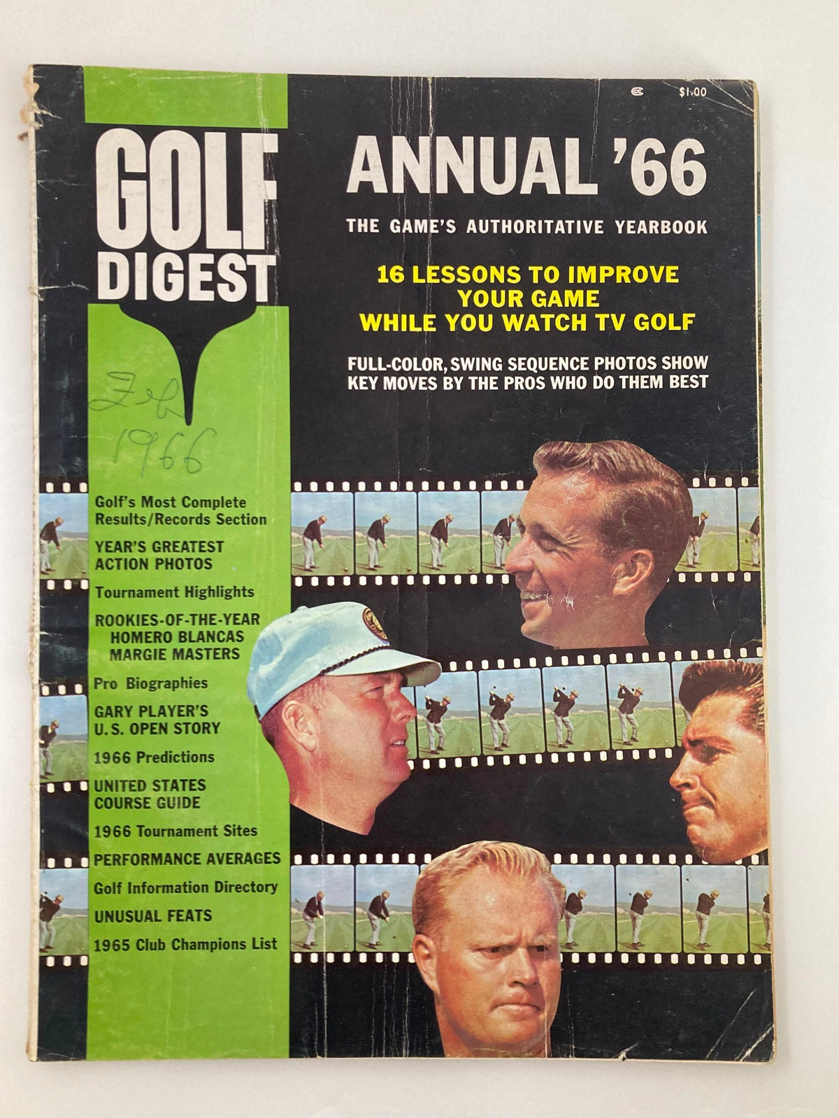 Cover of VTG Golf Digest Yearbook 1966 featuring prominent golfers Homero Blancas and Margie Masters, showcasing vintage sports design and nostalgic charm.