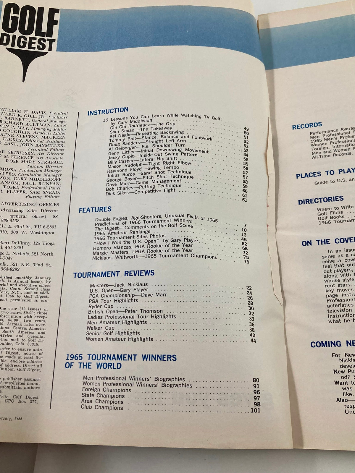 Table of contents from the VTG Golf Digest Yearbook 1966, detailing articles and features including instruction, tournament reviews, and historical insights.