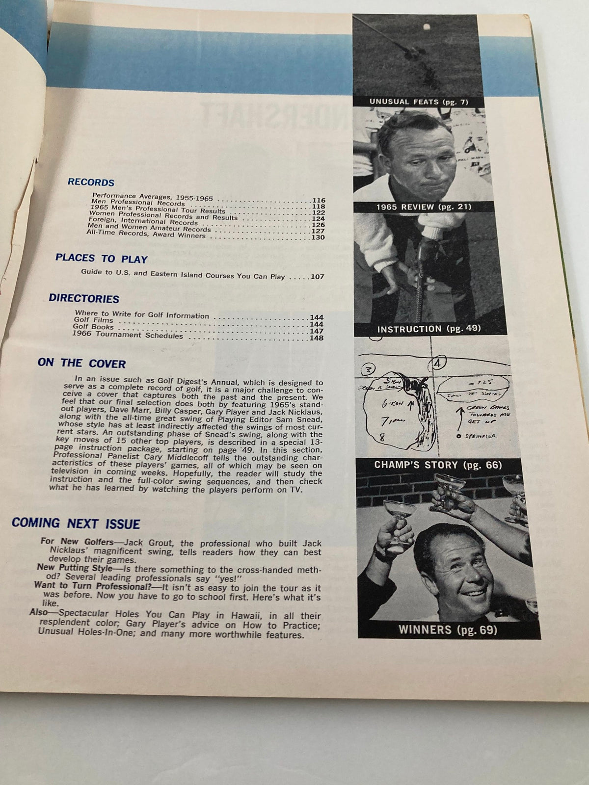 Interior page from the VTG Golf Digest Yearbook 1966, featuring records and a directory for golf information with design elements typical of the era.