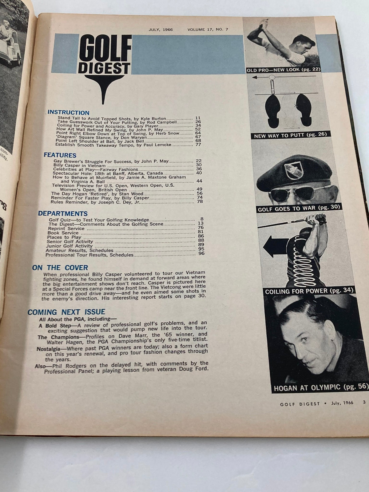 Interior page of VTG Golf Digest Magazine July 1966 showcasing the table of contents featuring articles on golf instruction, techniques, and features related to precision putting and golf history.