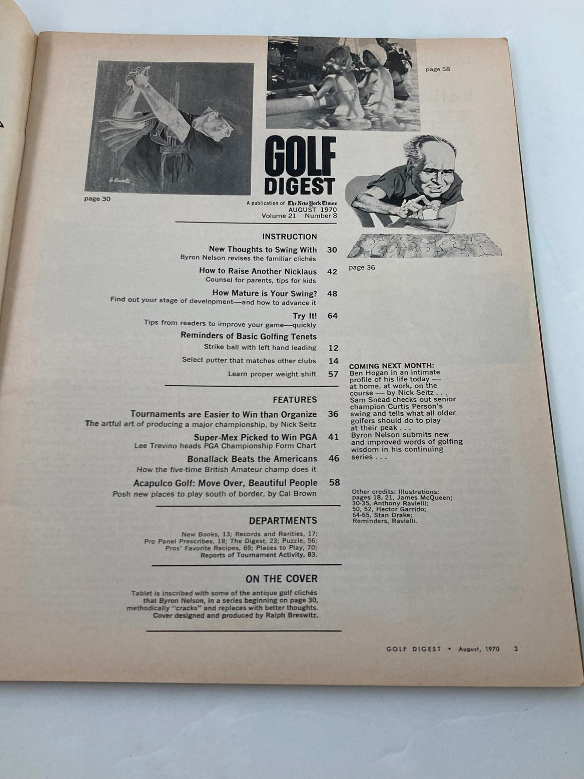 Table of contents from the VTG Golf Digest Magazine, August 1970, featuring Byron Nelson's insights on swing techniques and various articles on golf.