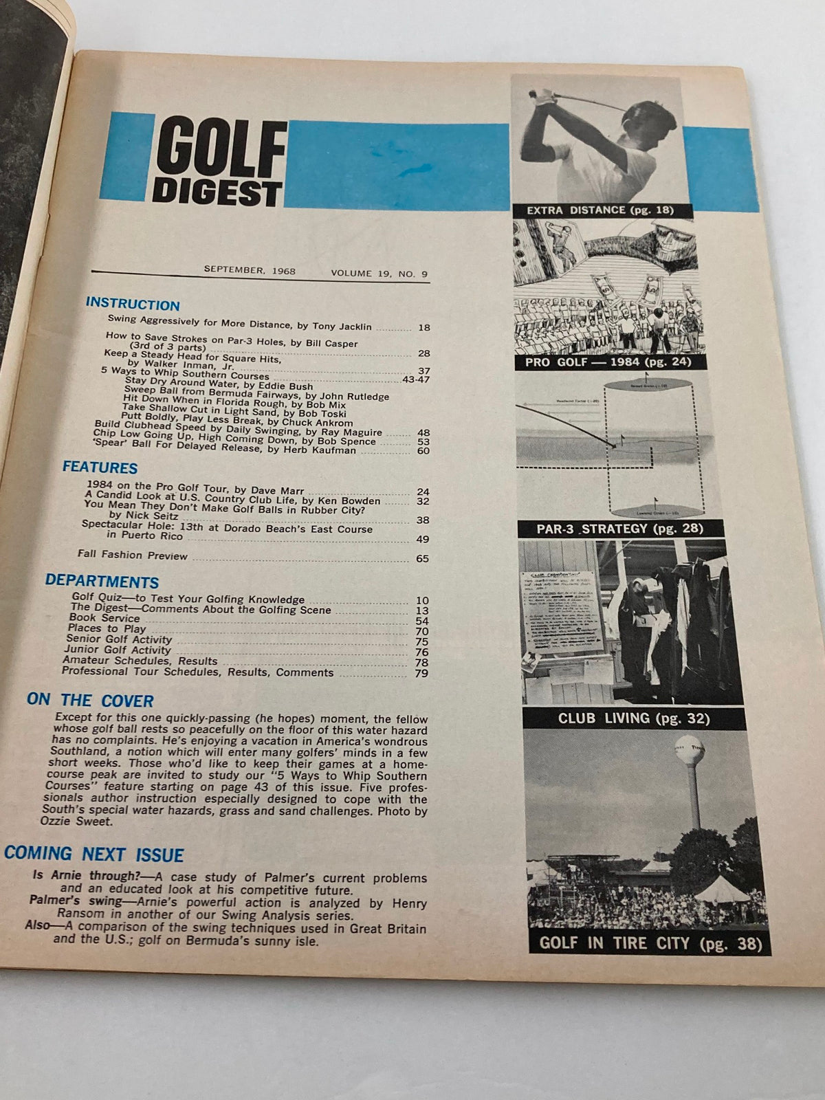 Inside page of VTG Golf Digest Magazine September 1968 displaying the table of contents and articles including '5 Ways To Whip Southern Courses'.