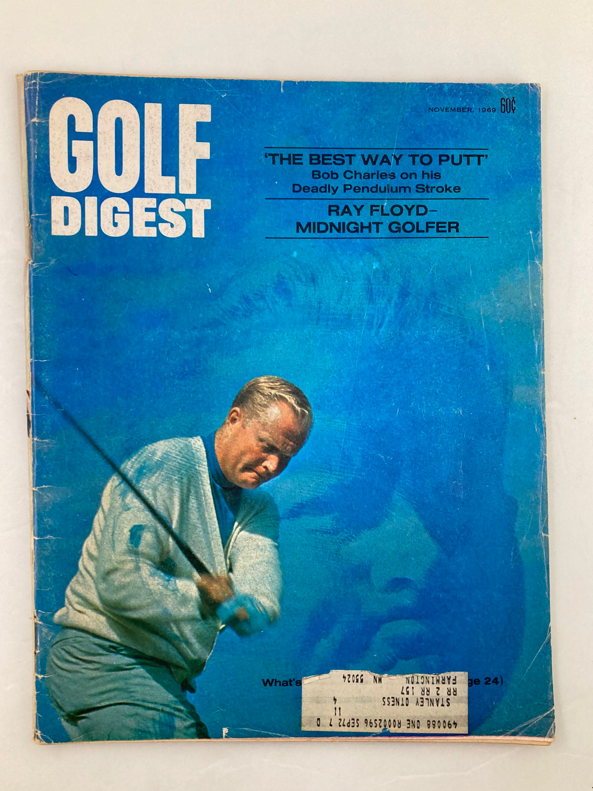 VTG Golf Digest Magazine November 1969 featuring the cover with a golf player in a white sweater and blue background, highlighting articles on putting and Ray Floyd.