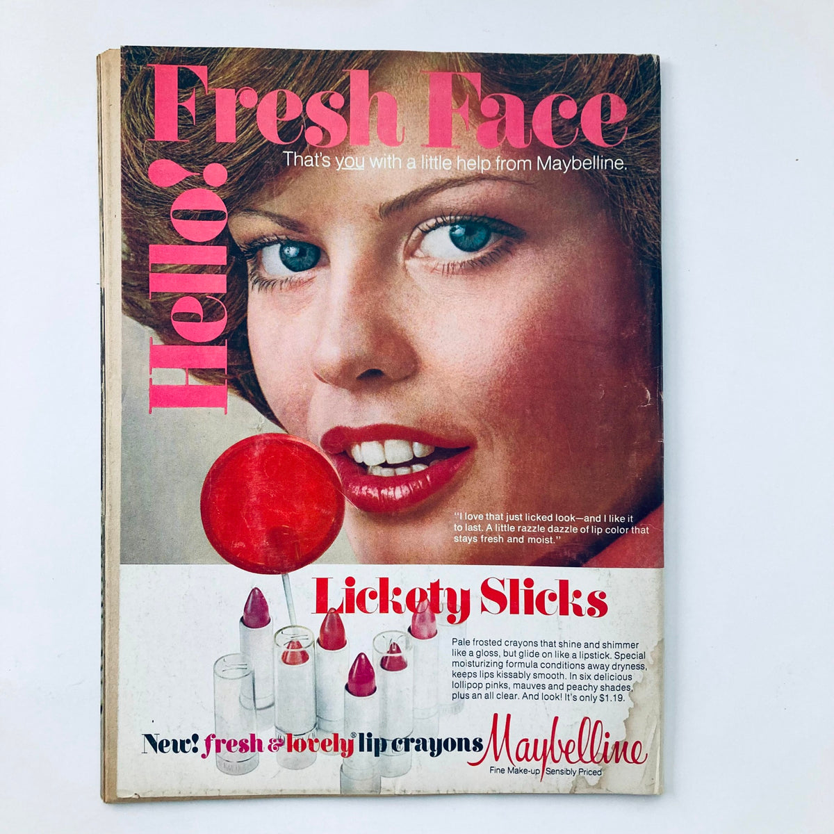 VTG Teen Life Magazine December 1975 showcasing a vintage beauty advertisement for Maybelline, highlighting colorful lip crayons and makeup tips.