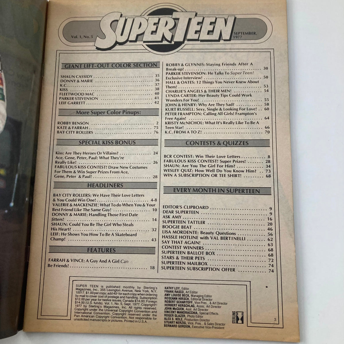 Inside page of VTG Super Teen Magazine September 1977 Vol 1 #5 displaying the table of contents highlighting featured articles and contests.