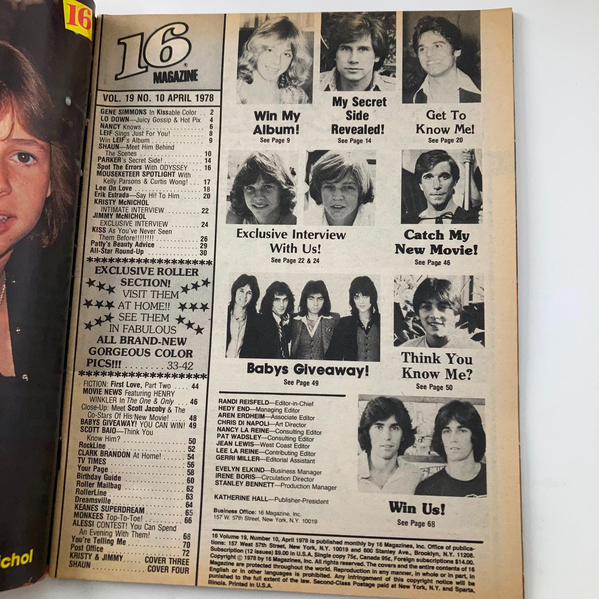 Inside pages of VTG 16 Magazine April 1978 with articles featuring Shaun Cassidy, Kiss, and Bay City Rollers, reflecting the pop culture of the era.