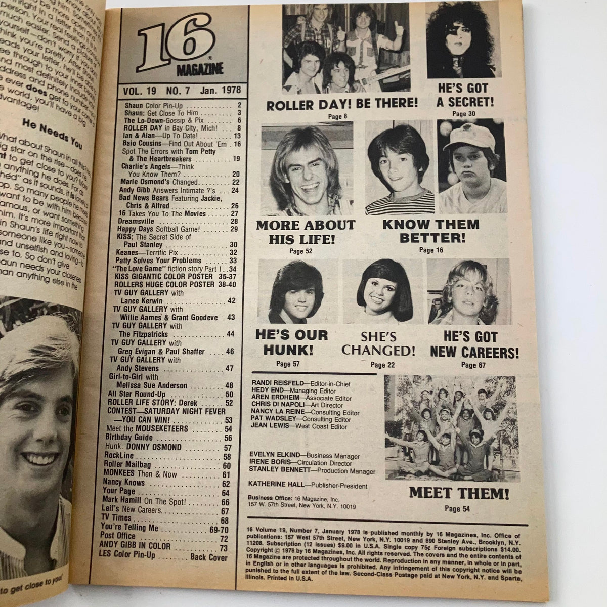 Inside page of VTG 16 Magazine January 1978 listing contents, featuring articles about Shaun Cassidy, KISS, and other 70s stars, significant for collectors of vintage pop culture memorabilia.