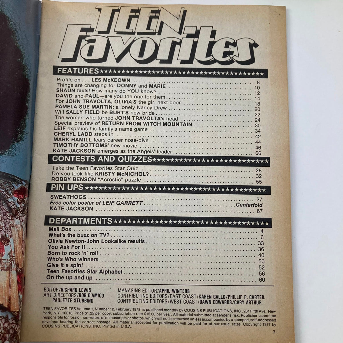 Inside page of VTG Teen Favorites Magazine, February 1978, showing features and contents including articles about John Travolta and other pop culture icons.