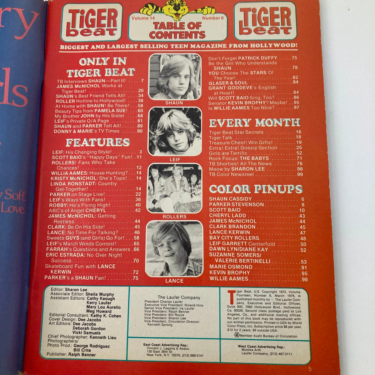 Table of contents page of the March 1978 Tiger Beat magazine highlighting features about Sean Cassidy and other celebrity articles.