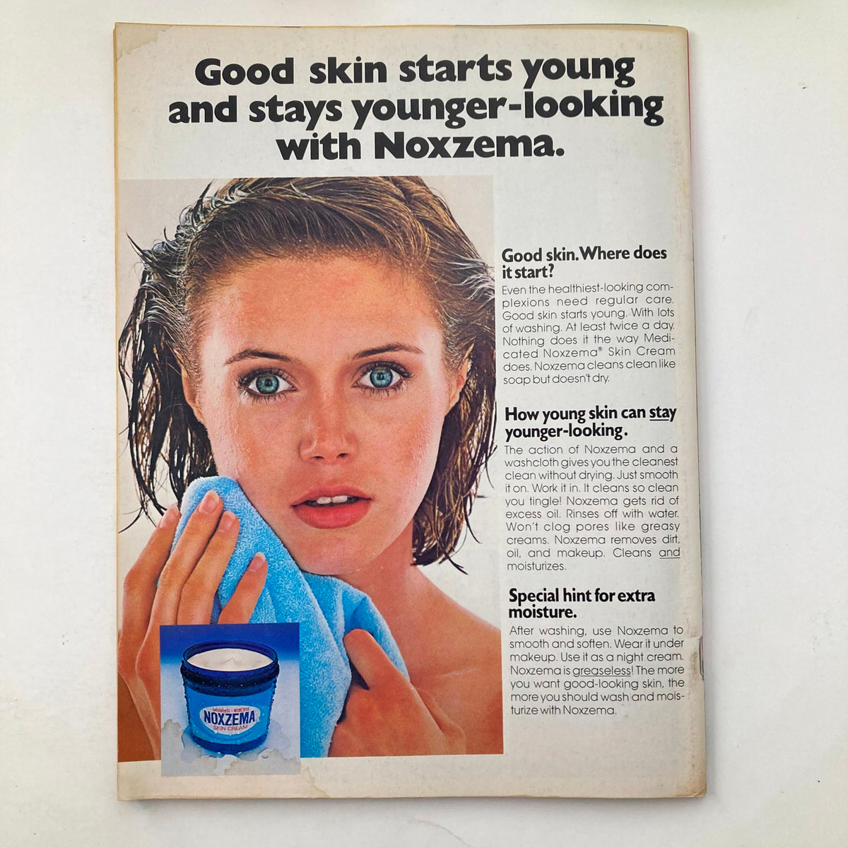 Vintage ad featuring a young woman with wet hair holding a towel, promoting Noxzema skincare products. The ad emphasizes the importance of good skin and introduces the tagline 'Good skin starts young and stays younger-looking with Noxzema.' Related to the VTG Tiger Beat Magazine March 1978 featuring Shaun Cassidy and Scott Baio.