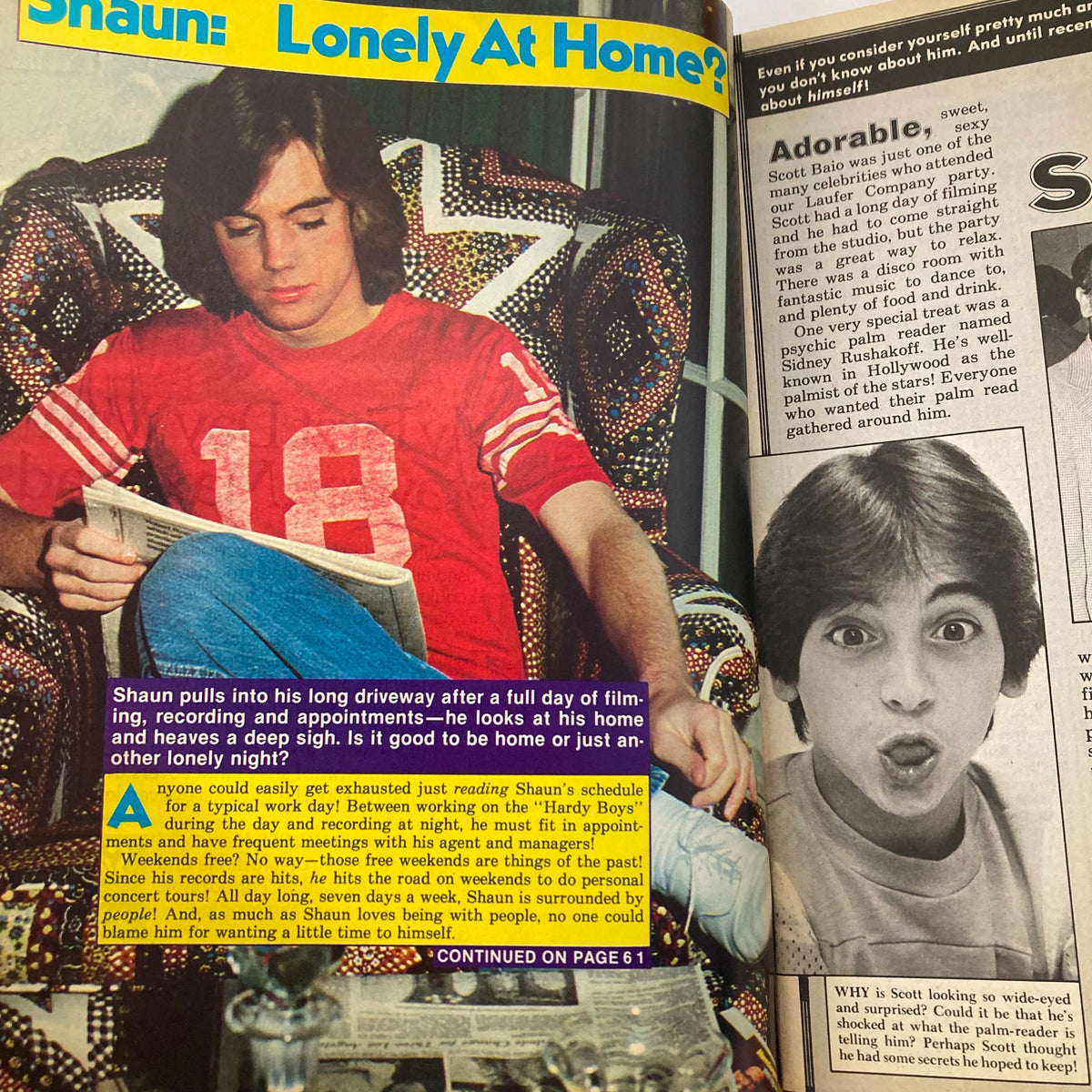 An article from the VTG Tiger Beat Star Magazine June 1978 featuring Shaun Cassidy discussing his life and career, accompanied by a photo of him at home.