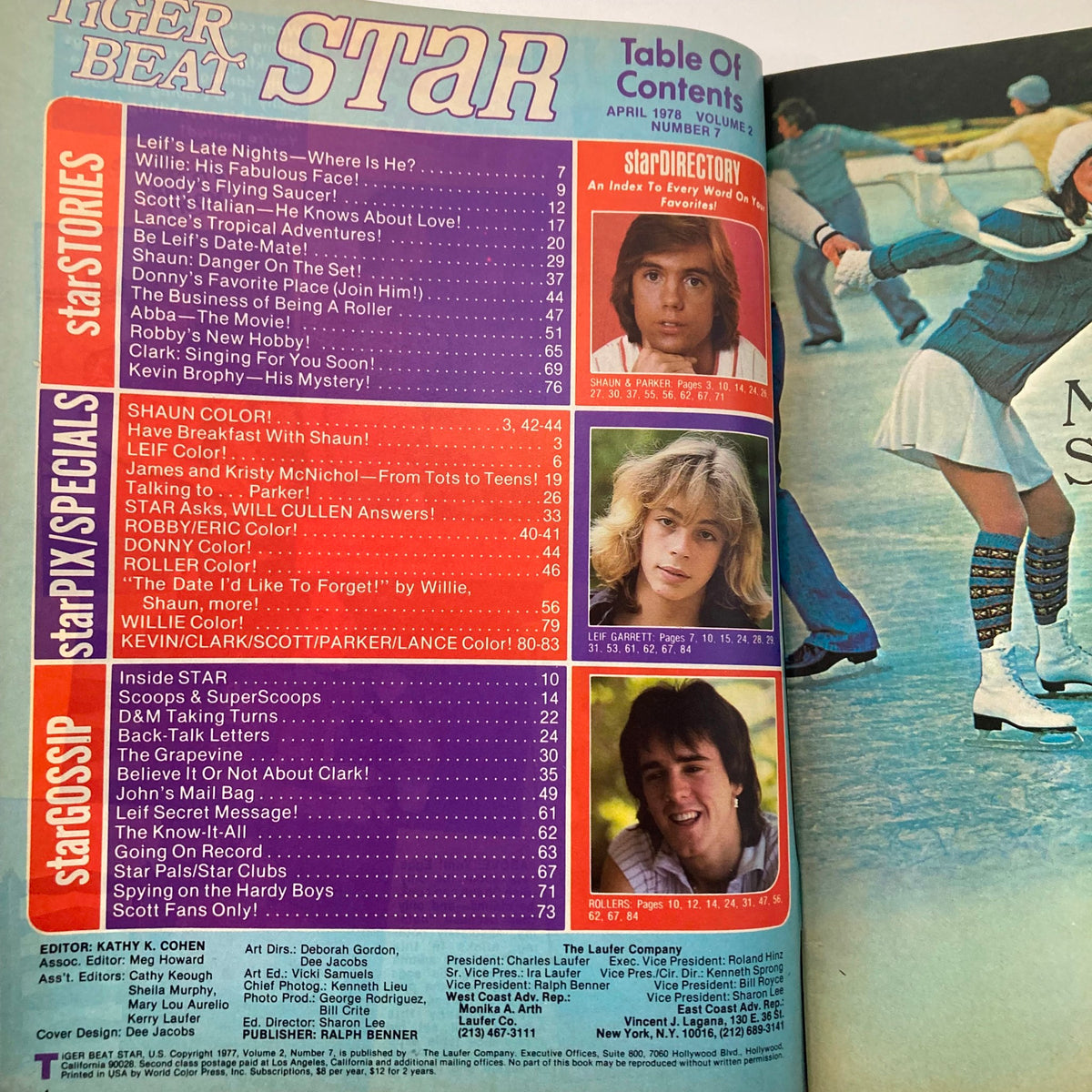 Inside page of Tiger Beat Star Magazine April 1978 with the Table of Contents, highlighting articles and features on Shaun Cassidy and Leif Garrett, capturing the essence of 70s pop culture.