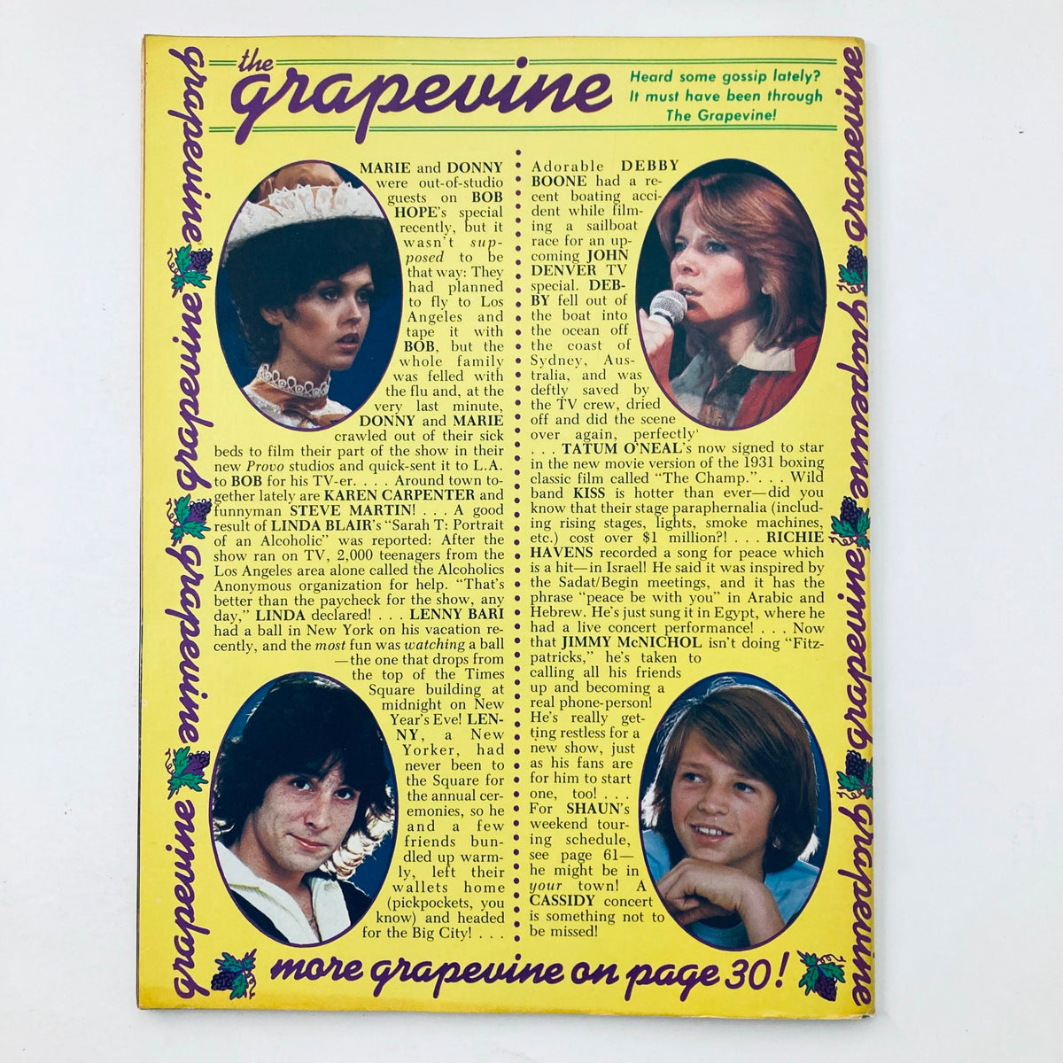 The Grapevine section of Tiger Beat Star Magazine April 1978, featuring gossip about celebrities including Marie Osmond and Donny Osmond, alongside photographs of other teen stars.