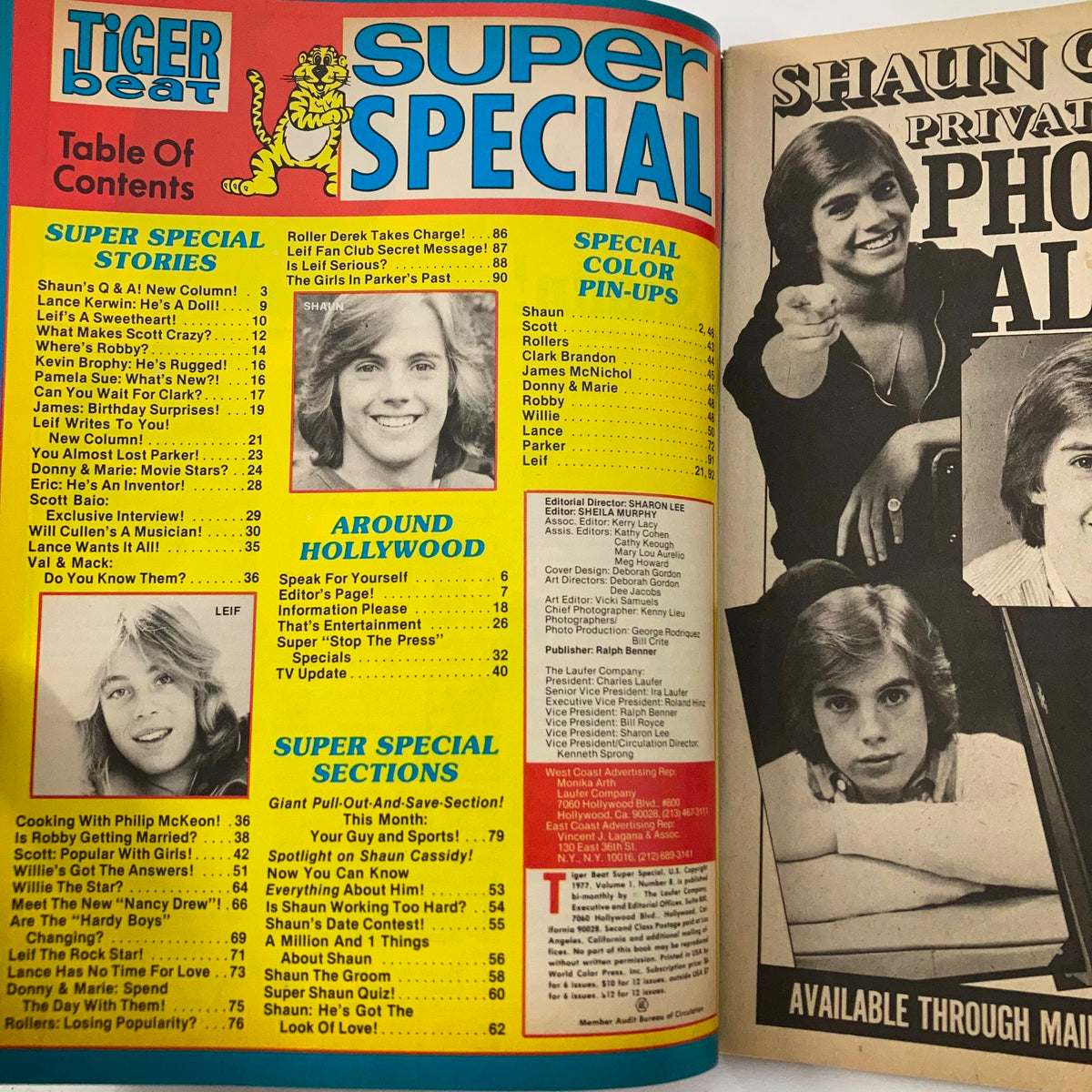Inside pages of Tiger Beat Super Special 1978 #18, including a table of contents with features on Shaun Cassidy and Leif Garrett.