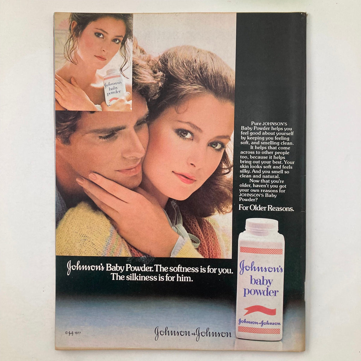 Advertisement in VTG Tiger Beat Magazine June 1978 for Johnson's Baby Powder featuring a model with smooth skin, emphasizing softness and skin care.