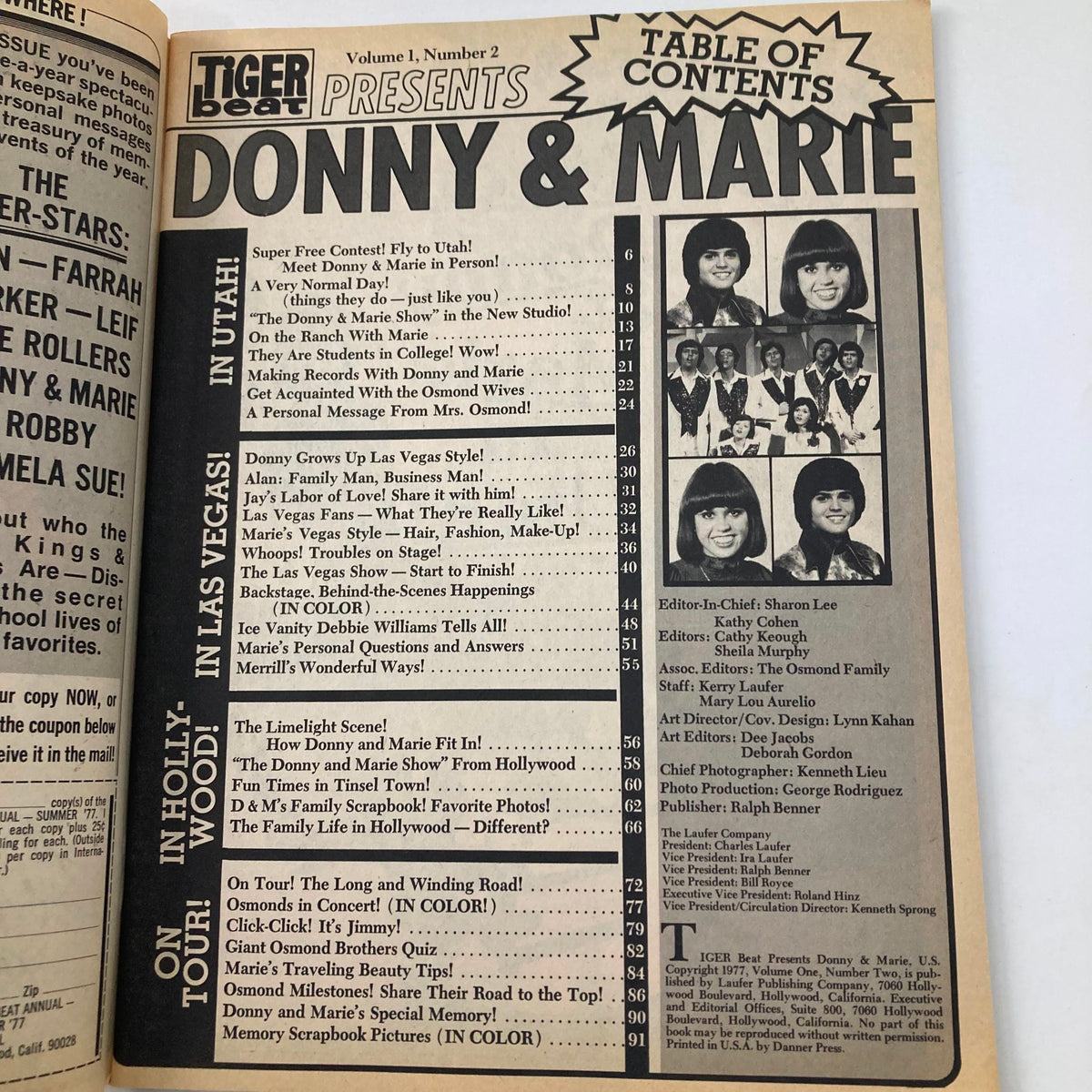 Inside page of VTG Tiger Beat Magazine Presents 1977 Vol 1 #2, displaying the table of contents with articles about Donny and Marie Osmond, capturing the essence of 70s pop culture.