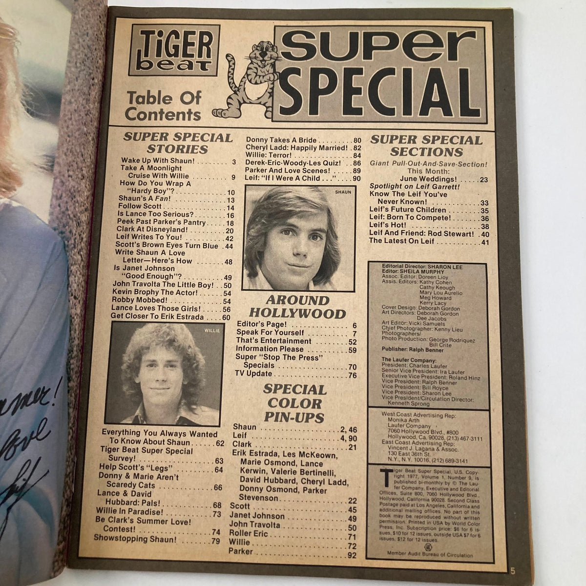 Table of contents page from Tiger Beat Super Special 1978 #9, outlining featured stories and color pin-ups of stars including Shaun Cassidy and Willie Aames.