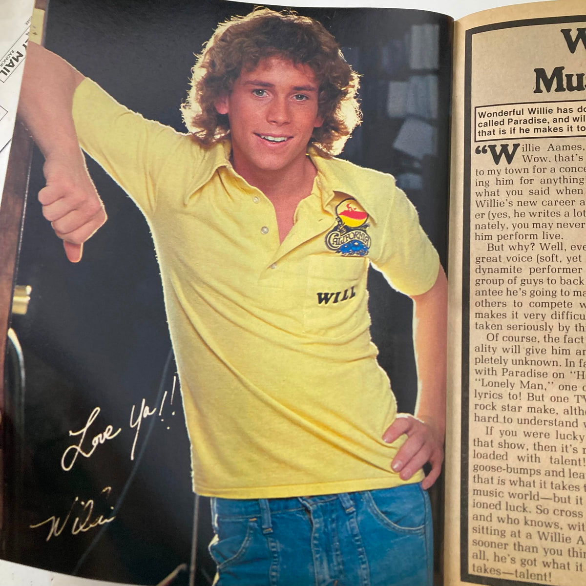 Image from Tiger Beat Super Special 1978 #9 featuring a young male model in a yellow polo shirt with the name 'WILL,' smiling and posing enthusiastically, reflecting the vibrant pop culture of the late 1970s.
