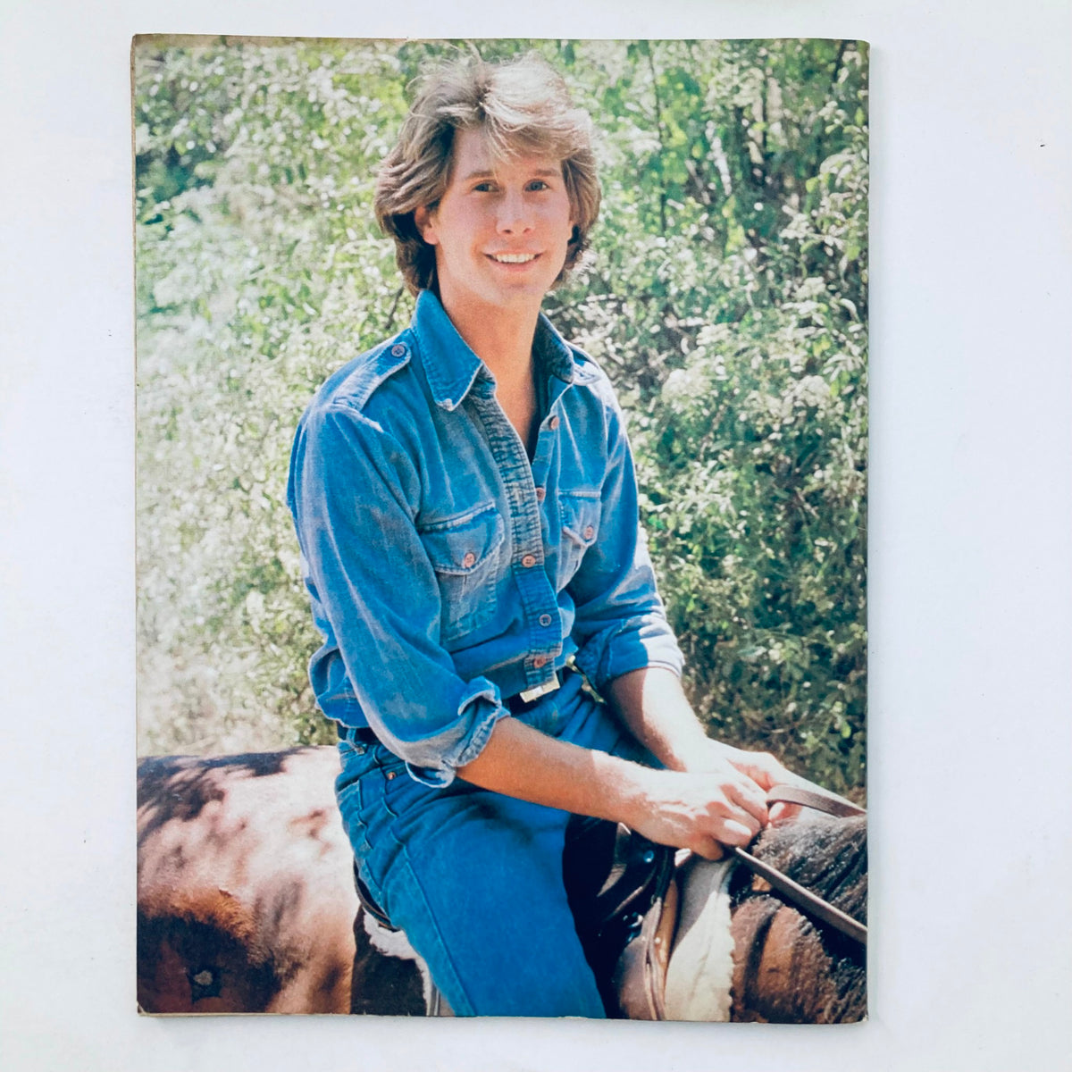 Image from Tiger Beat Super Special 1978 #9 featuring a young male model sitting on a horse in a denim outfit, smiling warmly, embodying the laid-back style of the late 1970s.