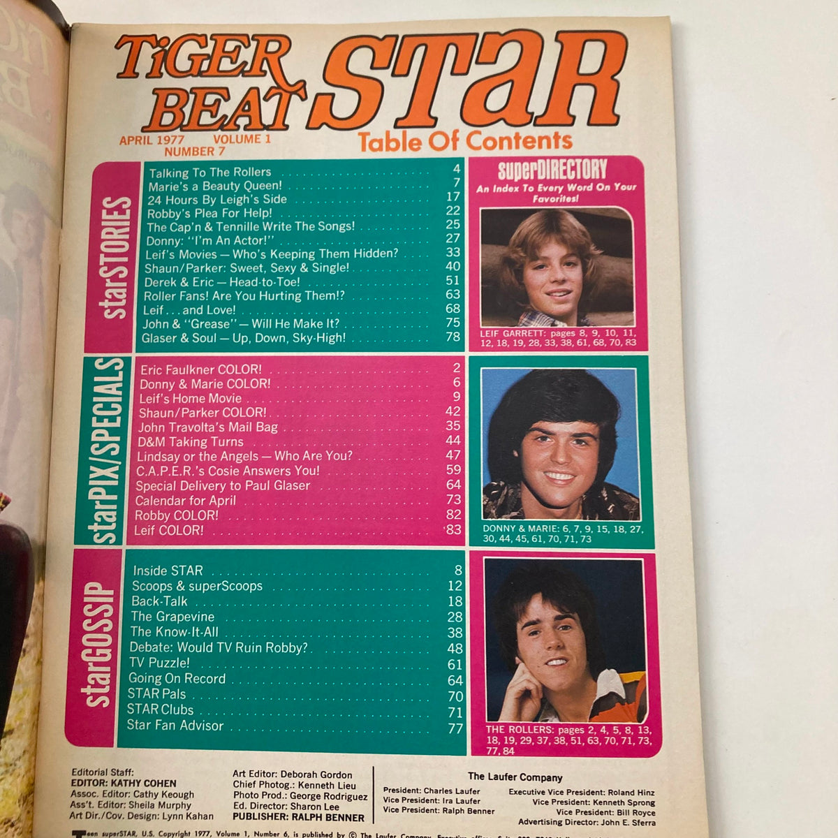 Table of contents from Tiger Beat Star April 1977 featuring articles on Bay City Rollers, Shaun Cassidy, and more. Highlights include star stories and special features.