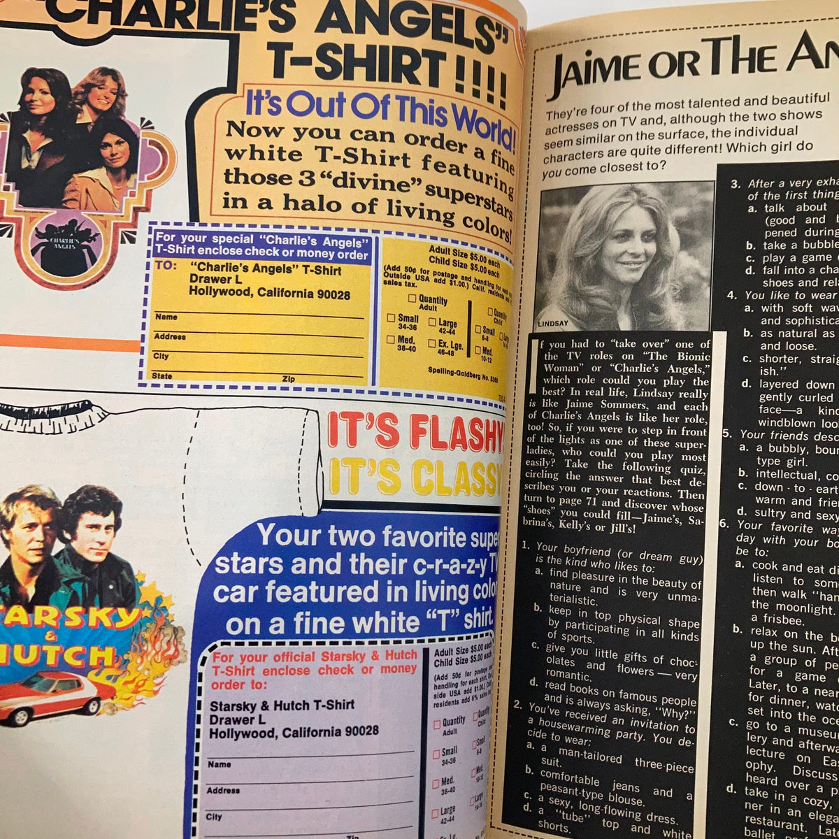 Advertisement page in Tiger Beat Star April 1977 showcasing Charlie's Angels and Starsky & Hutch T-shirts, reflecting 1970s pop culture.