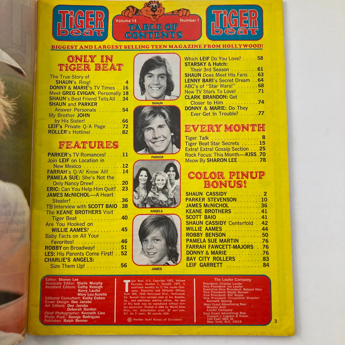 Table of Contents page from Tiger Beat Star October 1977, listing features, teen idols, and fun articles for young readers.