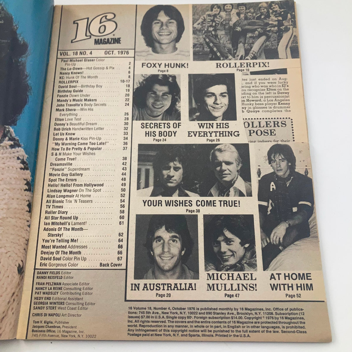 16 Magazine October 1976 inside page with content highlights, featuring articles about Starsky & Hutch, Donny Osmond, and more, reflecting the magazine's nostalgic charm.